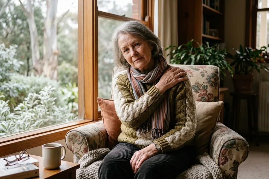 Senior woman seated indoors in winter, holding her shoulder with mild discomfort, illustrating how cold weather affects joint pain.
